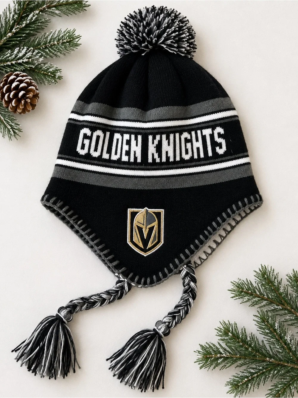 Golden Knights Black Pom Earflap Beanie